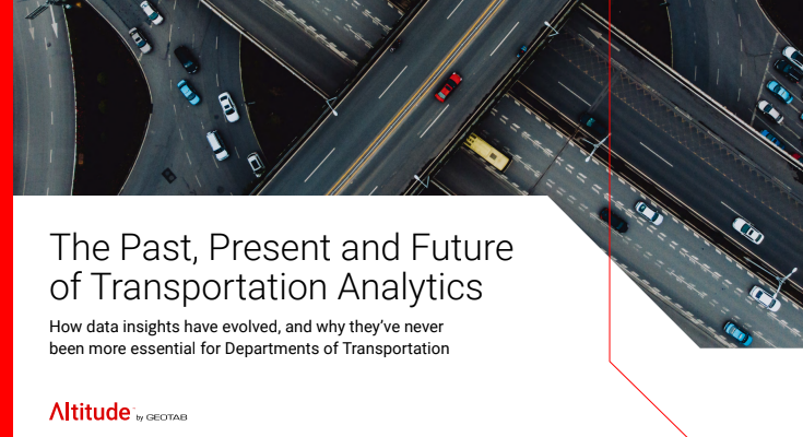 An image showing an aerial view of a busy highway intersection with multiple lanes and vehicles. Overlaid text reads: 'The Past, Present and Future of Transportation Analytics: How data insights have evolved, and why they’ve never been more essential for Departments of Transportation.' Branded with 'Altitude by Geotab' in the bottom left corner.